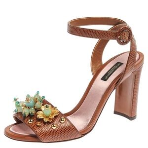 Dolce & Gabbana Tan Lizard Embossed Leather Embellished Sandals Size 38